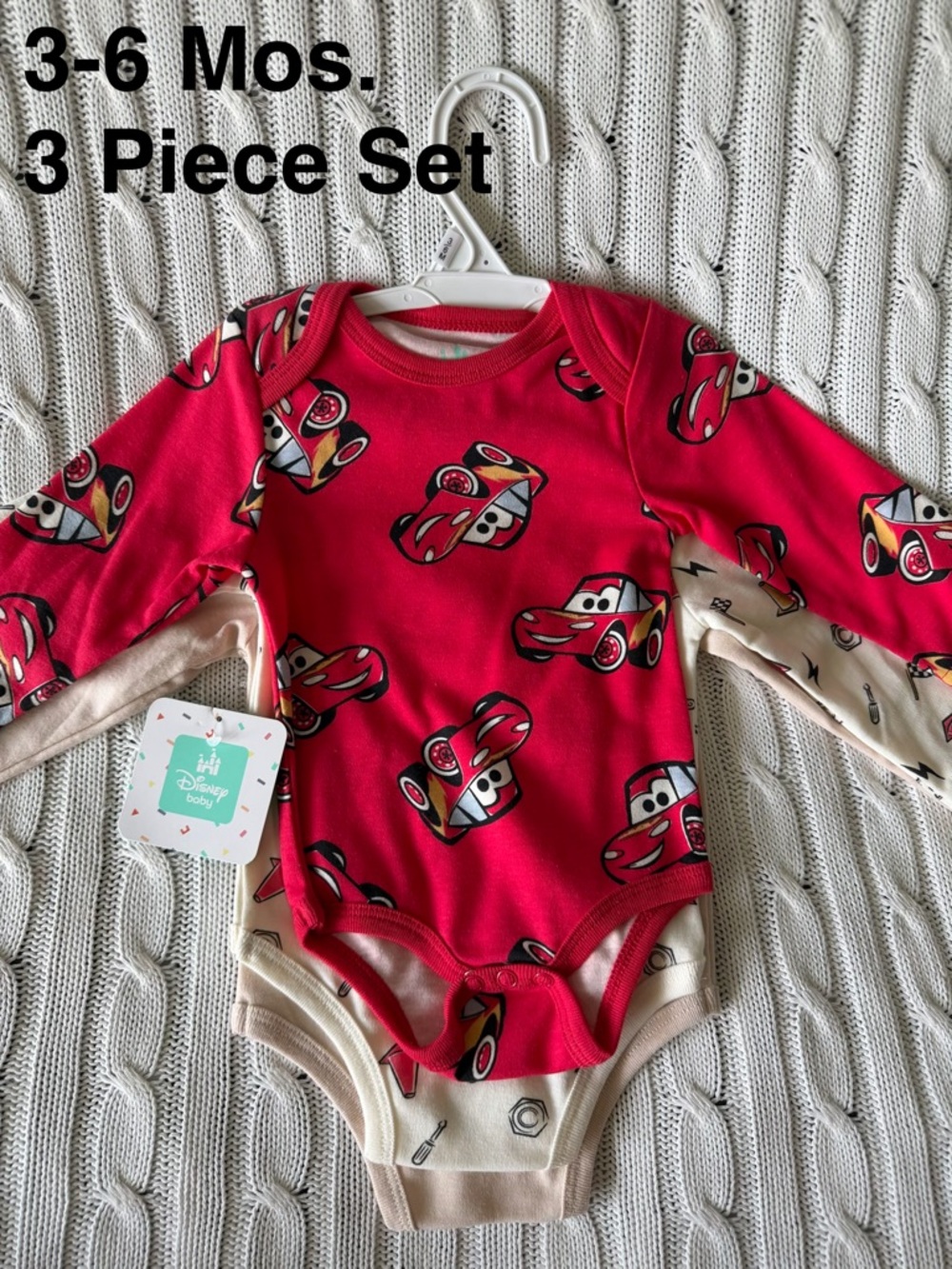 Disney Cars Baby Onesie Set 3 6 Mo NEW Long Sleeve 3 Pcs Lightning McQueen LMQ